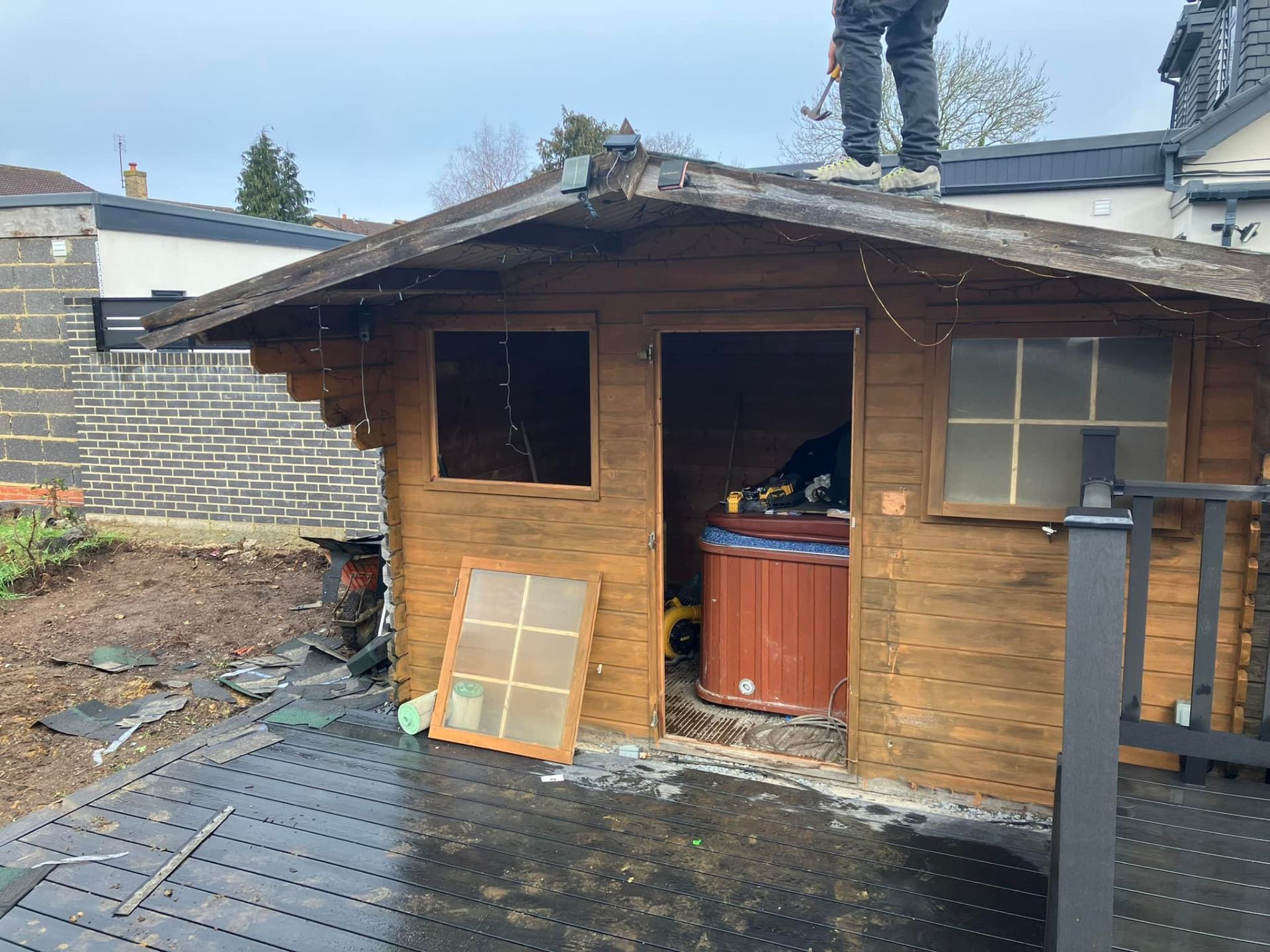 Outbuilding roof repair in progress